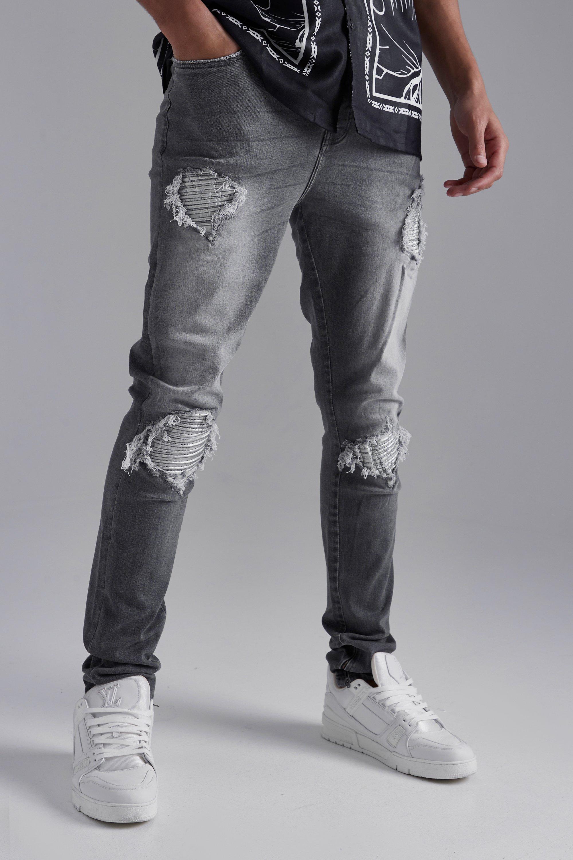 Men's Tall Skinny Stretch Rip & Repair Biker Jean | Boohoo UK